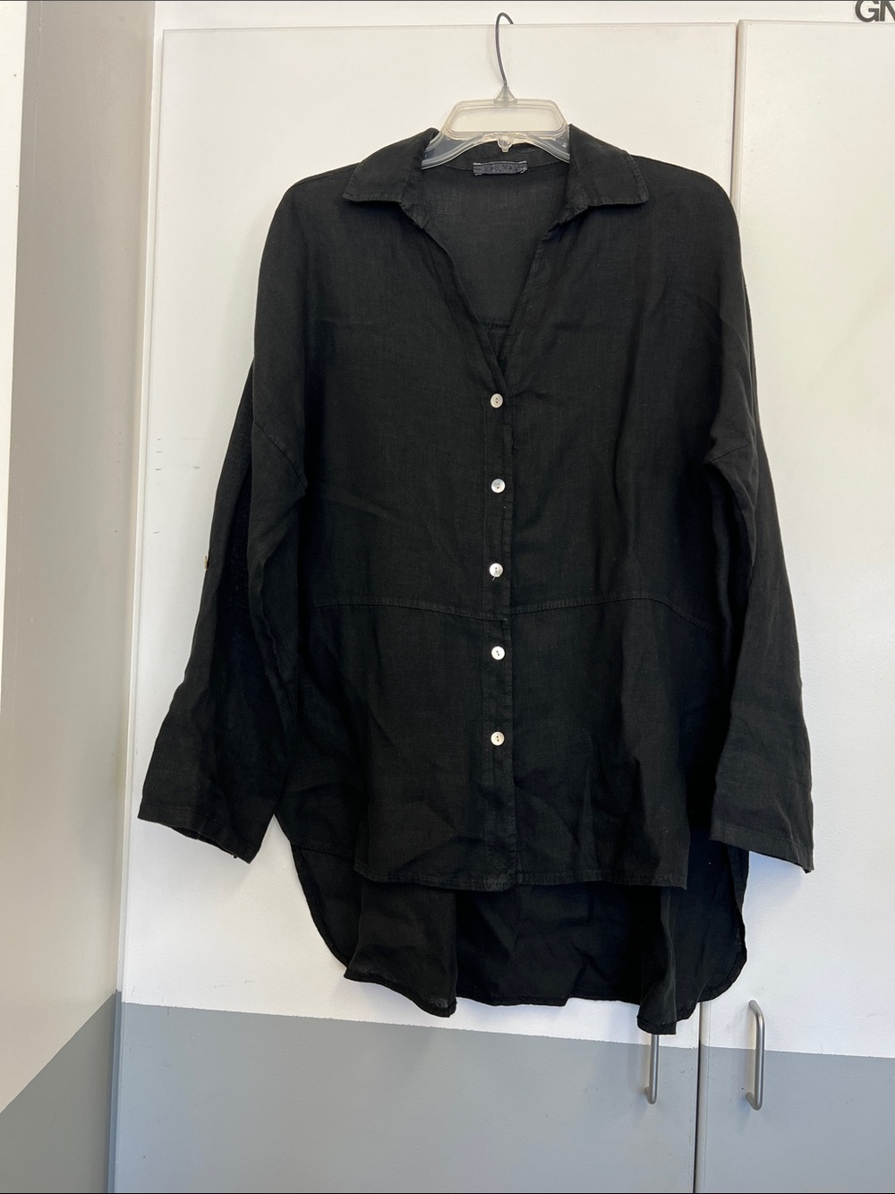 Meo Milo Italy Black Casual Button-Down Linen Shirt Blouse Top Classic Collared